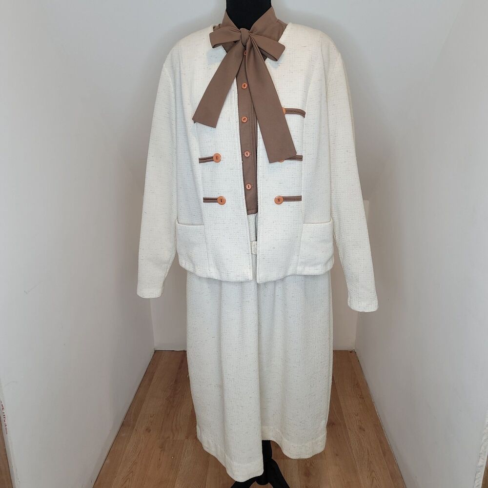 Vtg 70s Berg Rae Frocks 3 Pc Dress Jacket Set Womens XL Union Made Cream Brown